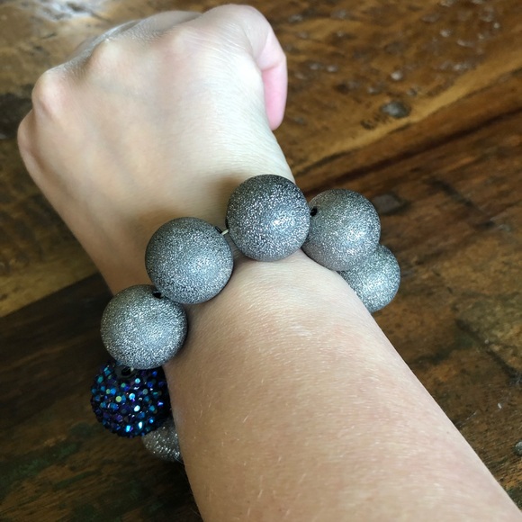 Silver and Iridescent Blue Stretch Bracelet - Picture 2 of 3